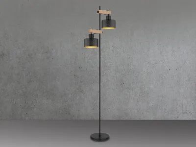 Produktbild von Zweiflammige LED Industrial Holz Stehlampe mit Lampenschirmen Schwarz innen Gold