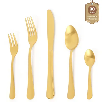 Produktbild von Besteck set für 6 Personen, 30 teilig edelstahl besteckset gold matte, mit Gabel Löffel Messer, Spülmaschinenfest, für Familie Party Restaurant