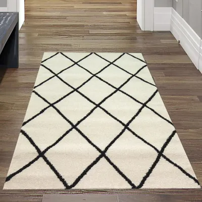 Zdjęcie produktu dla Dywan do salonu w stylu skandynawskim - wzór w romby - łatwy w pielęgnacji - kremowo-czarny rozmiar - 80 x 150 cm