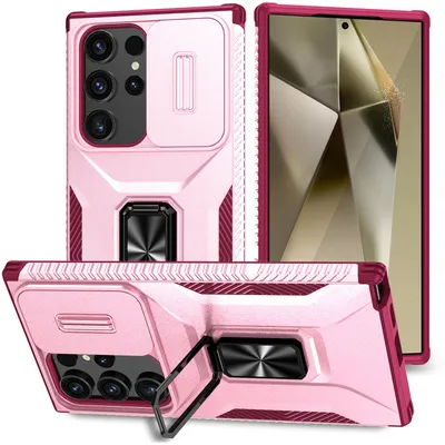 A collage of a pink phone case with a sliding camera cover, ring holder, and stand.