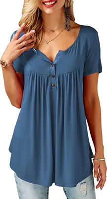 Image de ASKSA Chemisier Femme Col V Patte de boutonnage Tunique solide Manches courtes Tops, B-Bleu, XXL