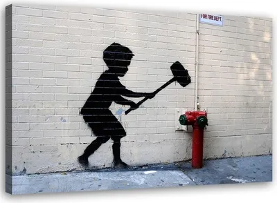 Zdjęcie produktu dla Obraz na płótnie, Chłopiec z młotem mural Banksy 100x70 cm Feeby szary obraz na ścianę  gotowy do powieszenia