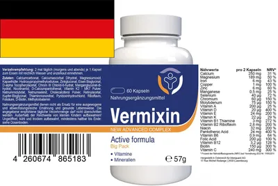 Produktbild von Vermixin - 60 Kapseln hochdosiert - Original Rezept aus der Schweiz - Vegan & Pflanzlich mit 22 Vitaminen & Mineralien - 1er Pack