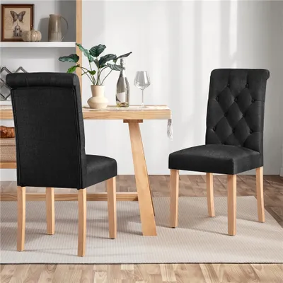 Produktbild von Yaheetech Esszimmerstühle 2er Set Küchenstuhl Polsterstuhl mit hoher Rückenlehne, Beine aus Massivholz, gepolsterte Sitzfläche aus Leinen, Schwarz