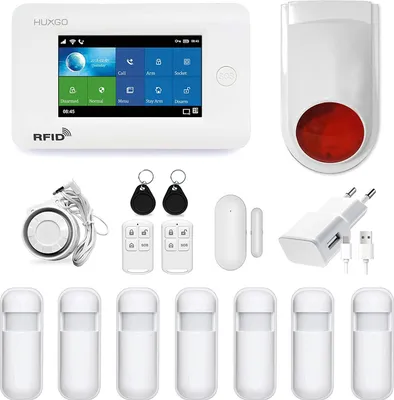 Produktbild von HUXGO HXA006 Funkalarmanlage mit 7 Bewegungsmeldern und zweiter Funksirene Modulen: WLAN + GSM 4G LTE TUYA Smart Anwendung SMS-Benachrichtigungen Steuerung vom Telefon aus Sprache DEUTSCH