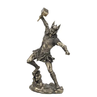 Produktbild von Bronze colorierte Figur nordischer Gott Thor in Rüstung schlägt mit Hammer