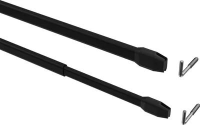 Two black telescopic rods and two small metal screws on a white background.