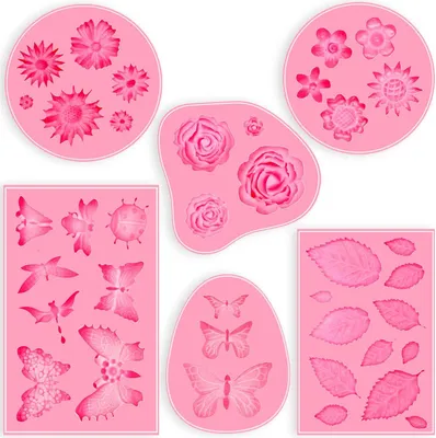 Produktbild von 6er-Pack Fondantformen, Mini-Blumenformen, Schmetterlingsformen, Blattformen, Rosen-Tonformen, rosa Polymer-Tonformen, antihaftbeschichtete Silikonformen zum Dekorieren von Kuchen – Schmetterling/Rose/Blätter