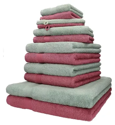 Produktbild von Premium Handtuch-Set 12-teilig – 100% Baumwolle – ®  – hohe Grammatur – Duschtücher, Handtücher, Gästetücher & Waschhandschuhe Farbe Beere/heugrün