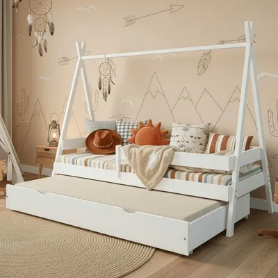 Produktbild von MEBLE WRÓBEL Kinderbett Tipi 90x200 cm in Weiß - Bett aus Kiefernholz mit Auszugbett & Rausfallschutz - Hausbett für Mädchen und Jungen - Abgerundete Kanten