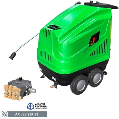 A green and black high-pressure cleaner with a separate pump shown next to it, on a white background.