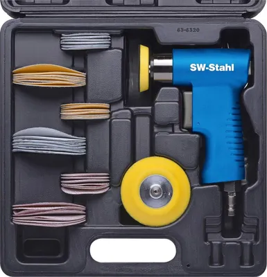 Produktbild von SW-Stahl S3293 Druckluft-Exzenterschleifer Satz I 63-teiliges Druckluftwerkzeug Set I 1/4 Zoll Druckluftstecker I 15.000 U/min I 2 Aufnahmescheiben ø 50mm, ø 70mm I 60x Schleifpapier ø 50mm, ø 70mm
