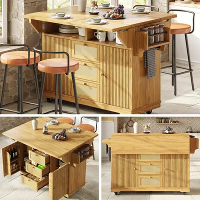 Immagine prodotto di Carrello da cucina, dimensioni 142,5 x 80 x 95 cm, carrello servitore pieghevole con cassetti in rattan PE, spazio di stoccaggio e ripiani regolabili, colore marrone naturale