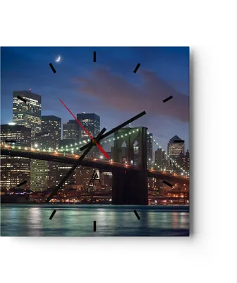 Produktbild von Wanduhr - Quadrat - Glasuhr - Brooklyn brücke nacht new york city - 40x40cm - Schleichendes Uhrwerk - Lautlos - zum Aufhängen bereit - Dekoration Modern - Wanddekoration aus Glas - C3AC40x40-0512