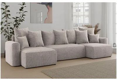 Produktbild von MEBLINI Schlafcouch mit Bettkasten - 312x142x73cm - Beige Cordstoff - DAVE - Ecksofa mit Schlaffunktion - Sofa mit Relaxfunktion und Kopfstützen - Couch U-Form - Eckcouch - Wohnlandschaft