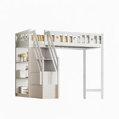 Produktbild von Etagenbett Hochbett 90*200 cm, mit Stauraumleiter und Regalen, Einzelholzbett, Jugendbett, Kinderbett, Massivholzrahmen, weiß