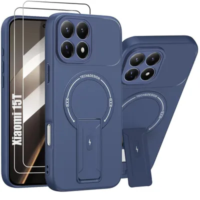 Image de Coque + 2 Verres Trempés pour Xiaomi 15T, Silicone avec Cercle Magnétique et Support - Bleu Marine