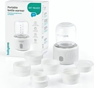 A product shot of a portable bottle warmer and its packaging, along with several accessories.