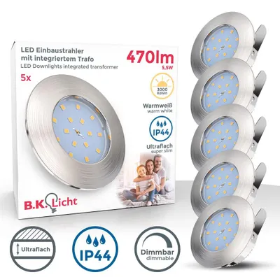 Immagine prodotto di Faretti LED da incasso dimmerabili, LED integrati 5,5W, diametro foro 60mm, faretti da bagno ultrasottili, luce calda, set da 5, resistenti agli schizzi d'acqua, plastica color nickel opaco, 230V IP44