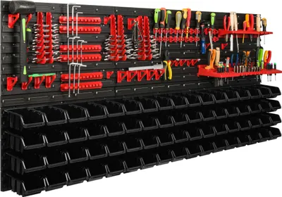 Produktbild von Lagersystem Werkstattregal | 172 x 78 cm | 68 stck. Box | Wandregal mit Werkzeughalterungen und Stapelboxen - Wandplatten Extra Starke Schüttenregal Warkzeuglochwand Lagerregal Garage Regal