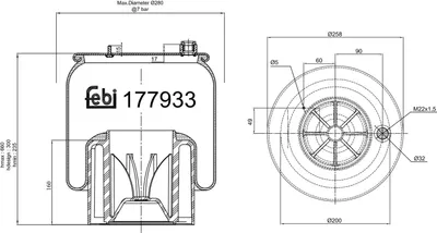 Produktbild von FEBI BILSTEIN Luftfederbalg 177933 Hinten passend für MERCEDES-BENZ AROCS 660mm 300mm 258mm