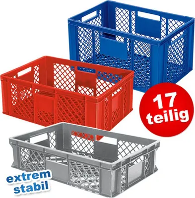 Three plastic crates in different colors (blue, red, and gray) are displayed against a white background. Text overlays indicate product features and quantity.