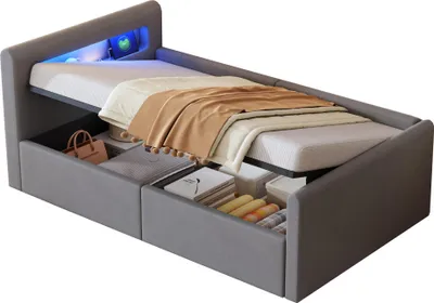 Produktbild von okwish Polsterbett 90×200 mit LED-Licht und Nachtlicht,Kinderbett mit USB-Ladeanschluss und Stauraum,Einzelbett mit Regal,ohne Matratze,Samtstoff,Grau