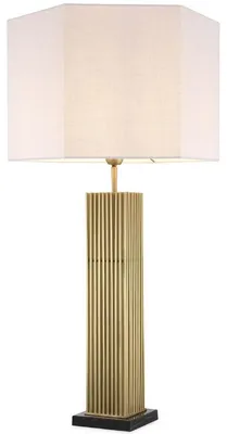Produktbild von Casa Padrino Luxus Tischleuchte Antik Messingfarben / Schwarz / Weiß 46 x 46 x H. 87 cm - Moderne Schreibtischleuchte mit sechseckigem Lampenschirm - Luxus Qualität