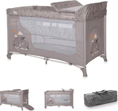 Produktbild von Lorelli Reisebett Moonlight zwei Ebenen, faltbar, Wickelauflage, Matratze, Räder braun