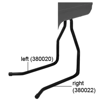 A close-up view of two metal legs attached to a dark gray object, likely a garden shredder. The legs are labeled 'left (380020)' and 'right (380022)'.