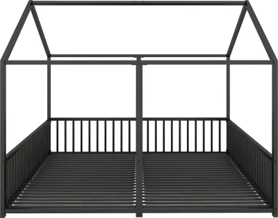Immagine prodotto di okwish Letto per bambini a forma di casetta 90x200 cm con doghe e sponda di protezione, letto in metallo, letto per bambini, modello a casetta, design matrimoniale (senza materasso), Nero