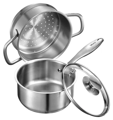 Imagen del producto de VEVOR: Olla grande de 1,42 litros con tapa de vidrio y sistema de vapor, olla para sopas y verduras con asa ergonómica, olla de acero inoxidable para leche y verduras, color plateado, apta para lavavajillas, ideal para salsas