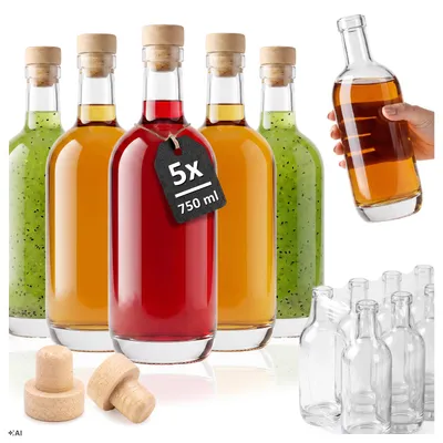Zdjęcie produktu dla SUPERBUTELKI - 5x Szklane butelki GIN 750 ml na rum, nalewki, wino, likier, Obraz wygenerowany przez AI