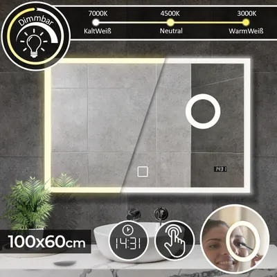 Produktbild von Aquamarin® Badspiegel mit LED Beleuchtung - 100 x 60cm, EEK A++, Touchschalter, Dimmbar 3in1 Kaltweiß Neutral Warmweiß, Digitaluhr, Kosmetikpiegel