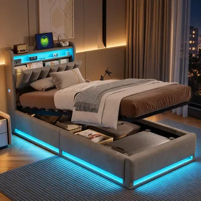 Imagen del producto de Cama tapizada BPKADHY con espacio de almacenamiento, cama juvenil de 90x200 cm, cama con sistema hidráulico, cajón, luces LED, puerto USB, cabecero y somier, tapizada en terciopelo gris, sin colchón