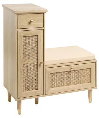Produktbild von BELIANI Flurschrank Set Hellbraun Holzoptik 90 cm Hoch Schmal mit Tür 2 Fächern Sitzbank Schuhschrank Schublade Rattanfronten Modernes Design