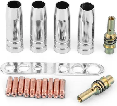 Obrázek produktu pro 17 dílů/sada: Sada trysek pro svařovací hořák, 0,8 mm, kontaktní hroty pro MIG/MAG, držák. Vhodné pro hořák Binzel 15AK