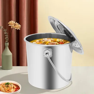 Obrázok produktu pre Nerezová nádoba – vedro s vekom – 6 l – s držadlom – Ø 21 cm, výška 19 cm – hrúbka steny 1 mm – vhodná na vriacu vodu – striebornosivá