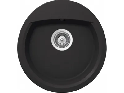 A top-down view of a black round sink with a silver drain in the center.