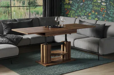 A functional coffee table is shown in a living room setting, next to a sectional sofa.