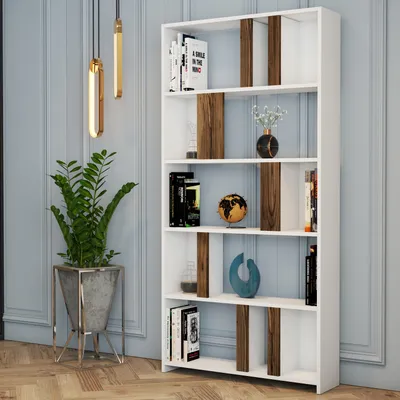 Produktbild von Skye Decor, Lima - White, Walnut, Bücherregal, Weiß, 100 % MELAMINBESCHICHTETE SPANPLATTEN, 90 x 20 x 180 cm