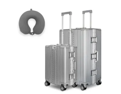 Produktbild von WINLIFE® Koffer-Set M+XL mit anthrazit Nackenkissen – 53cm Handgepäck & 75cm Check-in-Trolley, ABS, Alu-Rahmen, TSA-Schloss, leicht & robust, Silber
