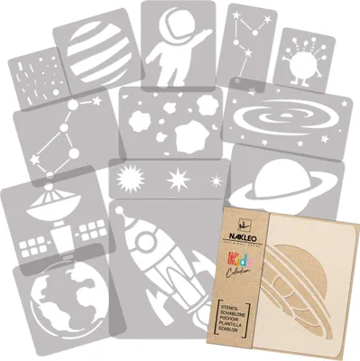 Produktbild von Schablonen Malen für Kinder, 14 Stück Set 9x12 bis 23x34 cm Kosmos Galaxie, Wiederverwendbare Kunststoff für Kinderzimmer Malvorlage Raumdekoration