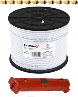 Produktbild von PremiumX 100m BASIC Koaxialkabel 135dB 4-fach Kabel Abisolierer 10x F-Stecker