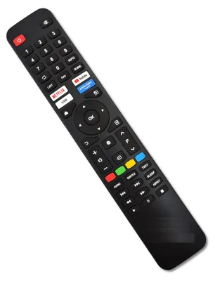 A black remote control is shown diagonally against a white background.