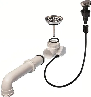 A disassembled sink drain assembly kit is laid out against a white background.