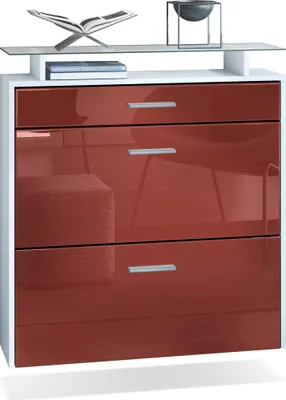 Produktbild von Vladon Schuhschrank Malea, hängender Schuhkipper für 16 Paar Schuhe mit 2 Klappen und 1 Schublade und Glasablage, Weiß matt/Bordeaux Hochglanz (89 x 96 x 23 cm)