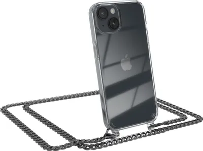 Produktbild von EAZY CASE Metall Handykette für Apple iPhone 14, Handyhülle mit Umhängeband, Silikonhülle, Metallkette für Smartphone in Grau