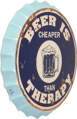 Produktbild von Blechschild Kronkorken Beer is Cheaper than Therapy 33 cm Durchmesser cm Deko Schild mit Aufdruck Aufschrift