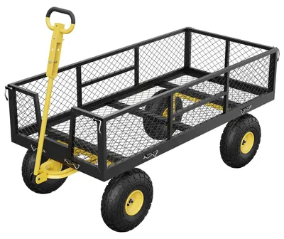 Image de Chariot de jardin – Chariot en acier robuste – Capacité de charge : 408 kg – Poignée rabattable – Roues pneumatiques de 25,4 cm – Parois latérales amovibles – Noir et jaune